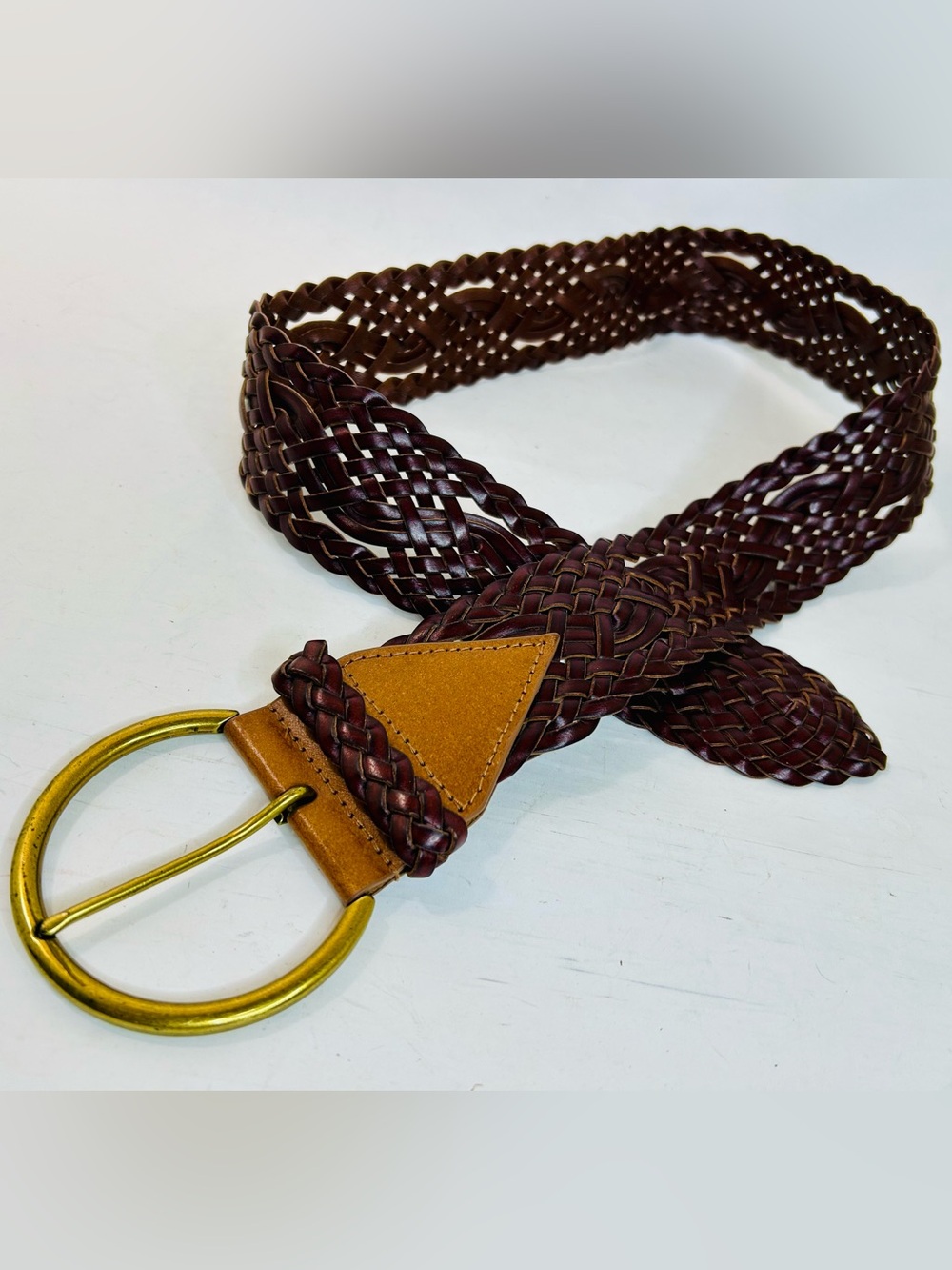 Old Navy Wide Dark Brown Braided Leather Belt with Large Gold Round Buckle